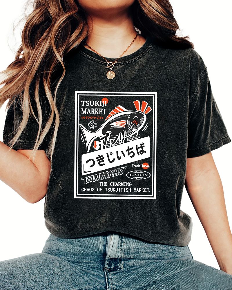 Small Fish Pattern Japanese Style Vintage Distressed T-shirt-Zazasy