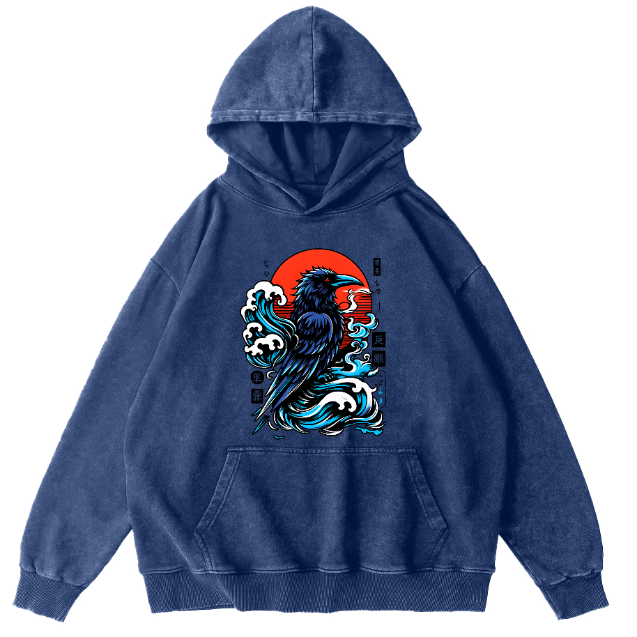 Crows In The Waves Vintage Distressed Hoodie-Zazasy