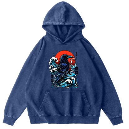 Crows In The Waves Vintage Distressed Hoodie-Zazasy