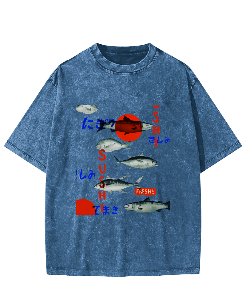 Japanese Sea Fish Pattern Vintage Distressed T-shirt-Zazasy