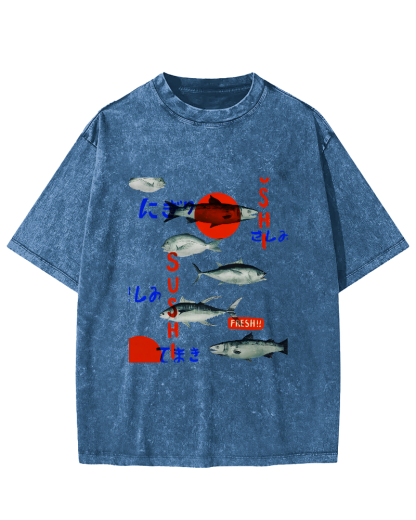 Japanese Sea Fish Pattern Vintage Distressed T-shirt-Zazasy