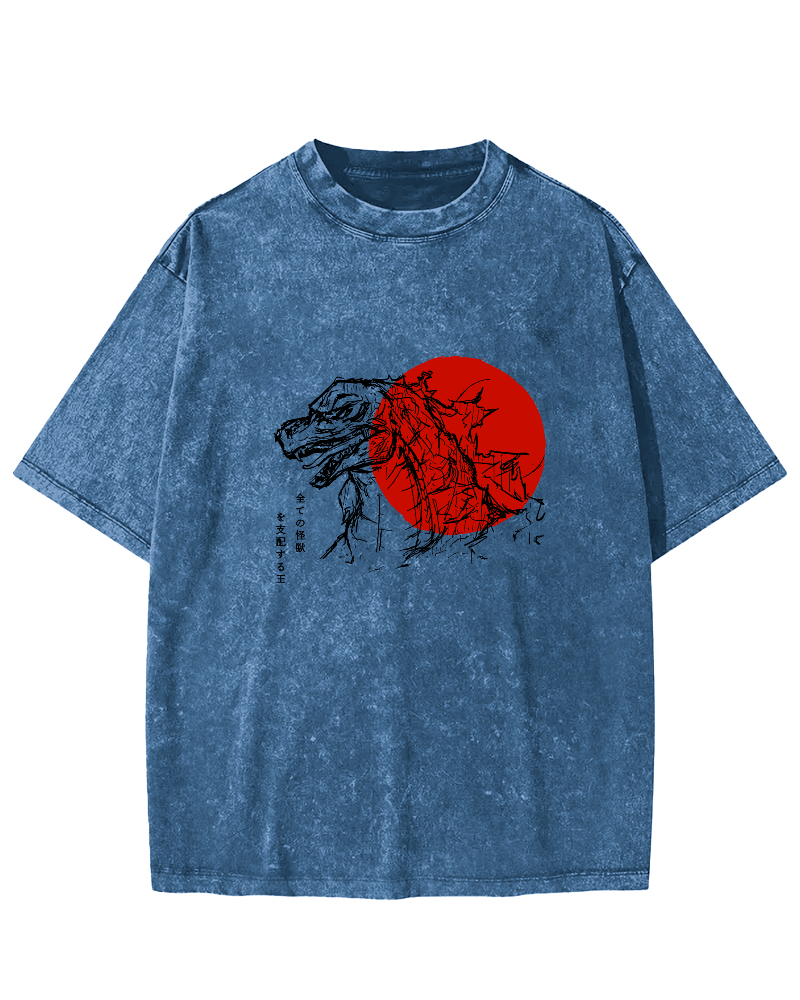 Sunrise Monster Pattern Japanese Style Vintage Distressed T-shirt-Zazasy