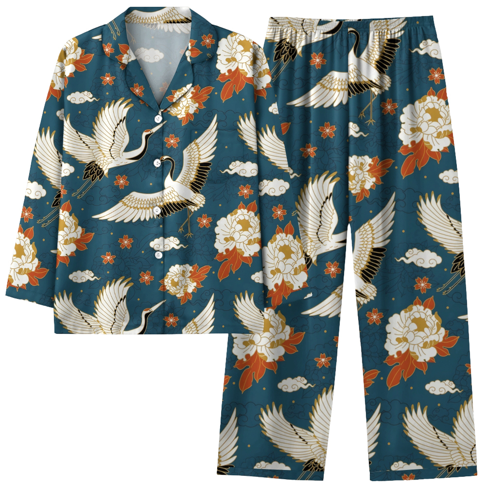 Japanese retro flying crane comfortable long sleeved shirt pajama set