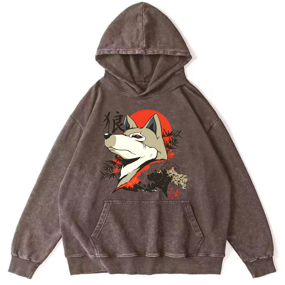 Lone Wolf Japanese Style Vintage Distressed Hoodie-Zazasy