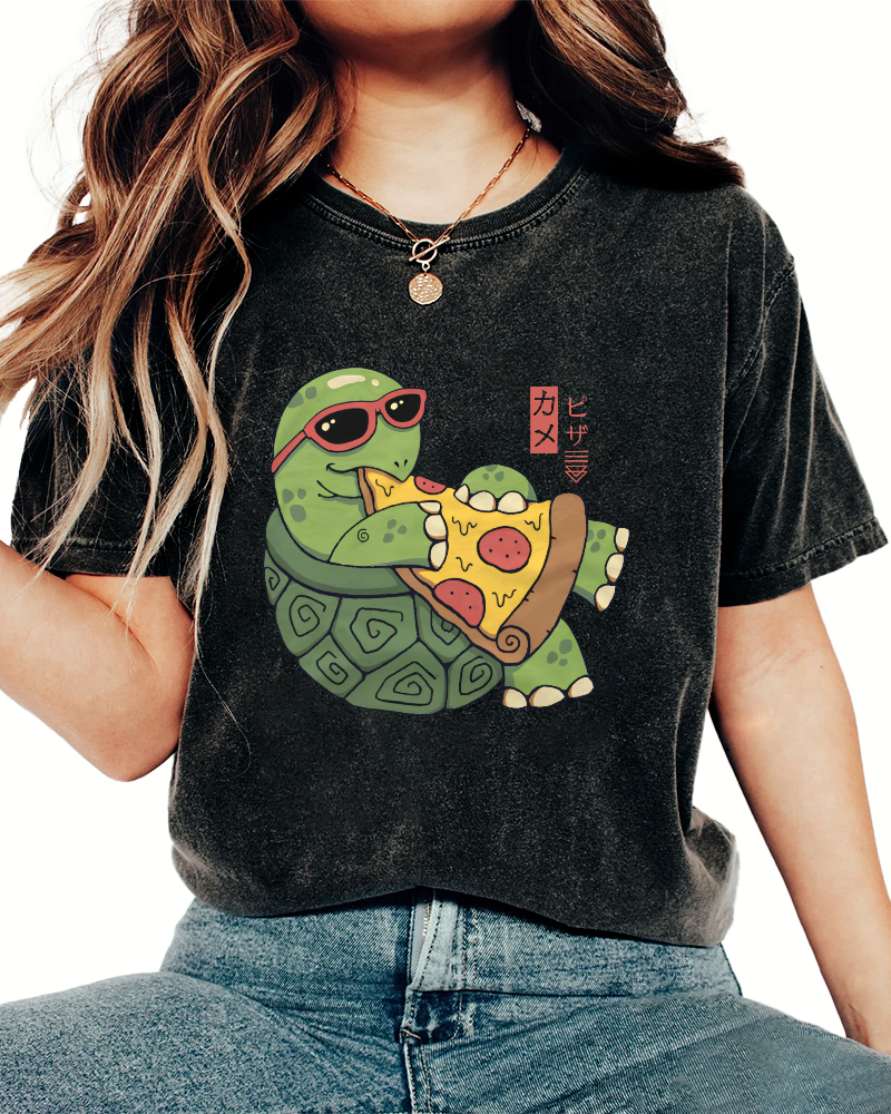 Turtle Japanese Style Pizza Lover Vintage Distressed T-shirt-Zazasy