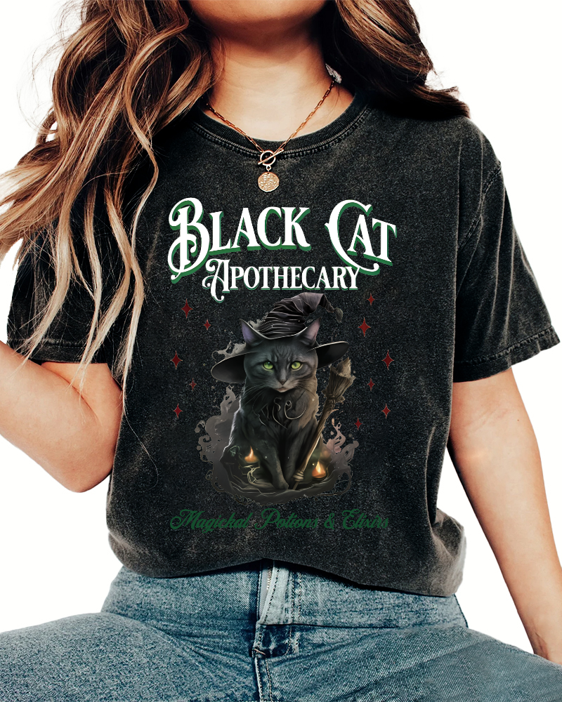 Black Cat Vintage Washed T-shirt-Zazasy