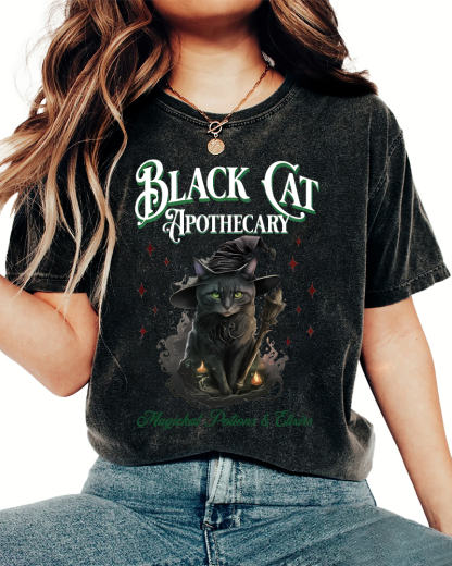 Black Cat Vintage Washed T-shirt-Zazasy
