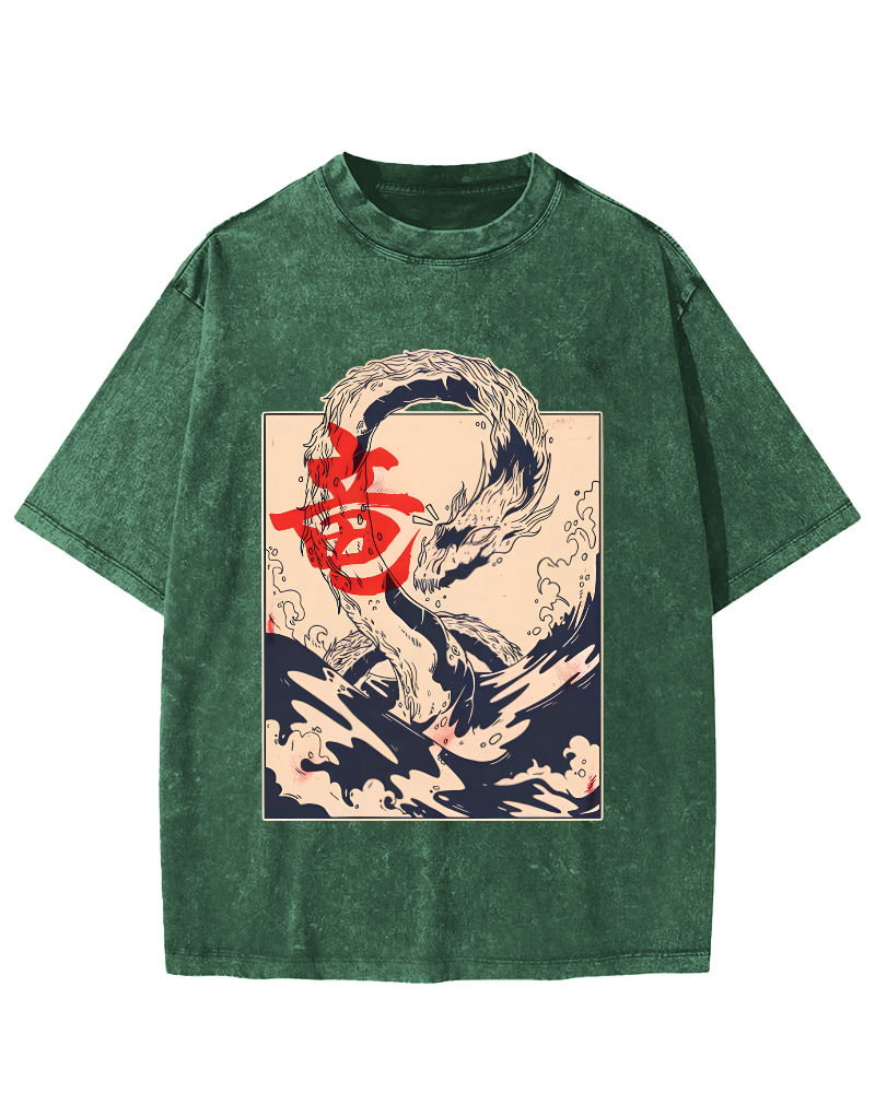 Retro Water God Dragon Pattern Japanese Style Vintage Distressed T-shirt-Zazasy