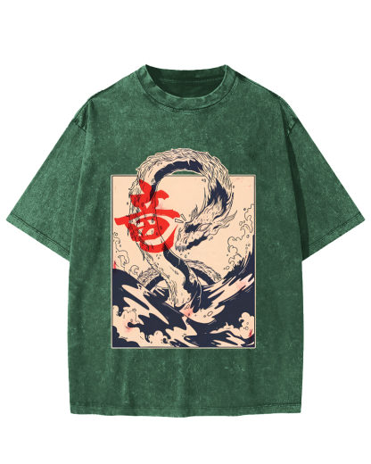 Retro Water God Dragon Pattern Japanese Style Vintage Distressed T-shirt-Zazasy