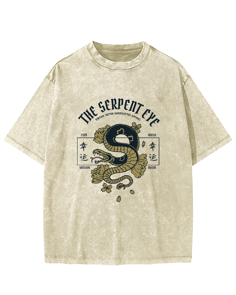 Japanese Lucky Snake Pattern Vintage Distressed T-shirt-Zazasy