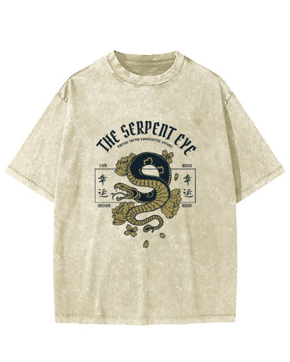 Japanese Lucky Snake Pattern Vintage Distressed T-shirt-Zazasy