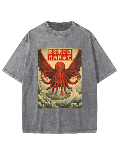 The Japanese Style Octopus Monster in The Huge Waves Vintage Washed T-shirt-Zazasy
