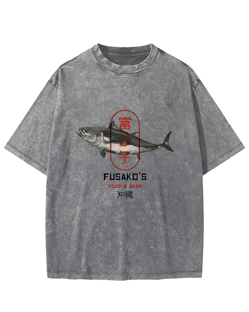 Seafood Market Japanese Washed T-shirts-Zazasy