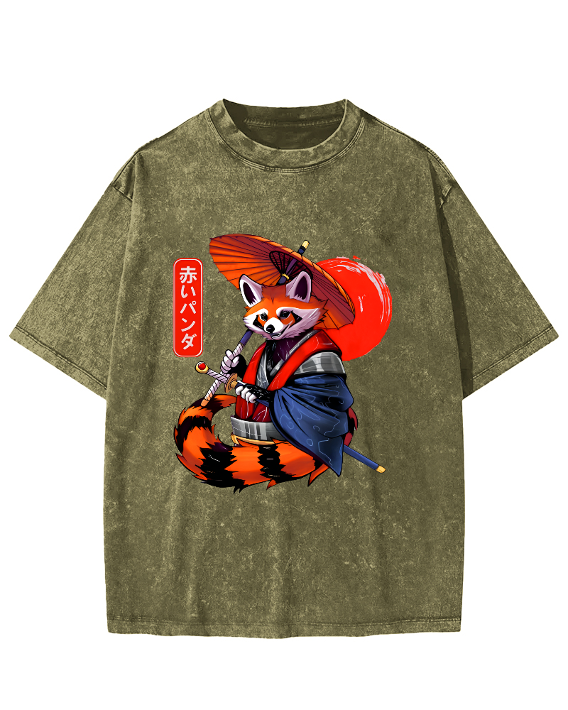 Japanese Red Fox Warrior Vintage Washed T-shirt-Zazasy