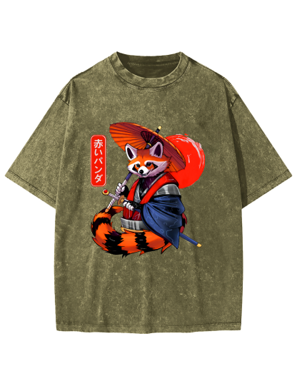 Japanese Red Fox Warrior Vintage Washed T-shirt-Zazasy