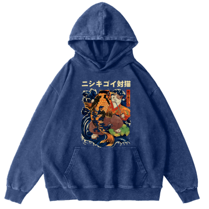Koi and Cat Japanese Style Vintage Distressed Hoodie-Zazasy