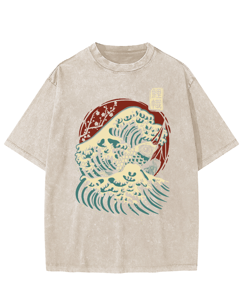 Koi Fish Wave Japanese Style Vintage Washed T-shirt-Zazasy