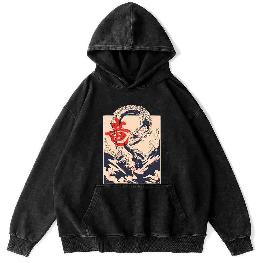 Kobe Water Dragon Japanese Style Vintage Distressed Hoodie-Zazasy
