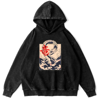 Kobe Water Dragon Japanese Style Vintage Distressed Hoodie-Zazasy