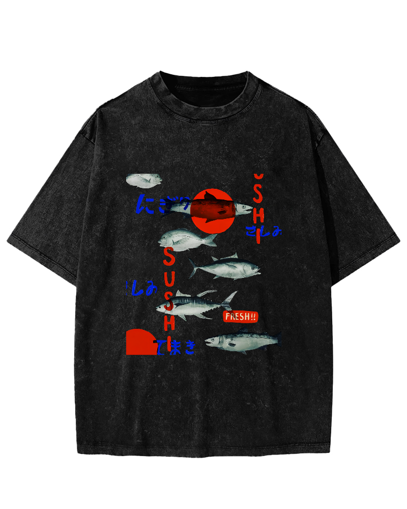 Japanese Sea Fish Pattern Vintage Distressed T-shirt-Zazasy