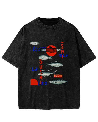 Japanese Sea Fish Pattern Vintage Distressed T-shirt-Zazasy