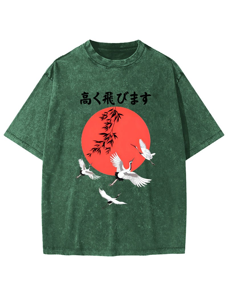 Flying Crane Japan Vintage Washed T-shirt-Zazasy