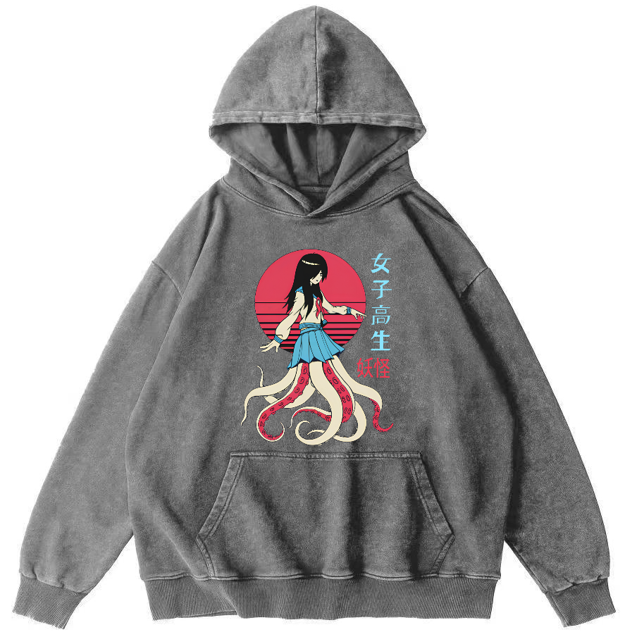 Female Octopus Monster Vintage Distressed Hoodie-Zazasy