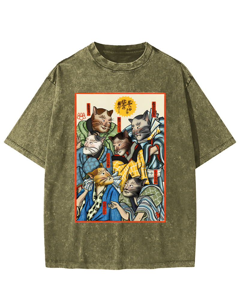 Japanese Samurai Cat Vintage Washed T-shirt-Zazasy