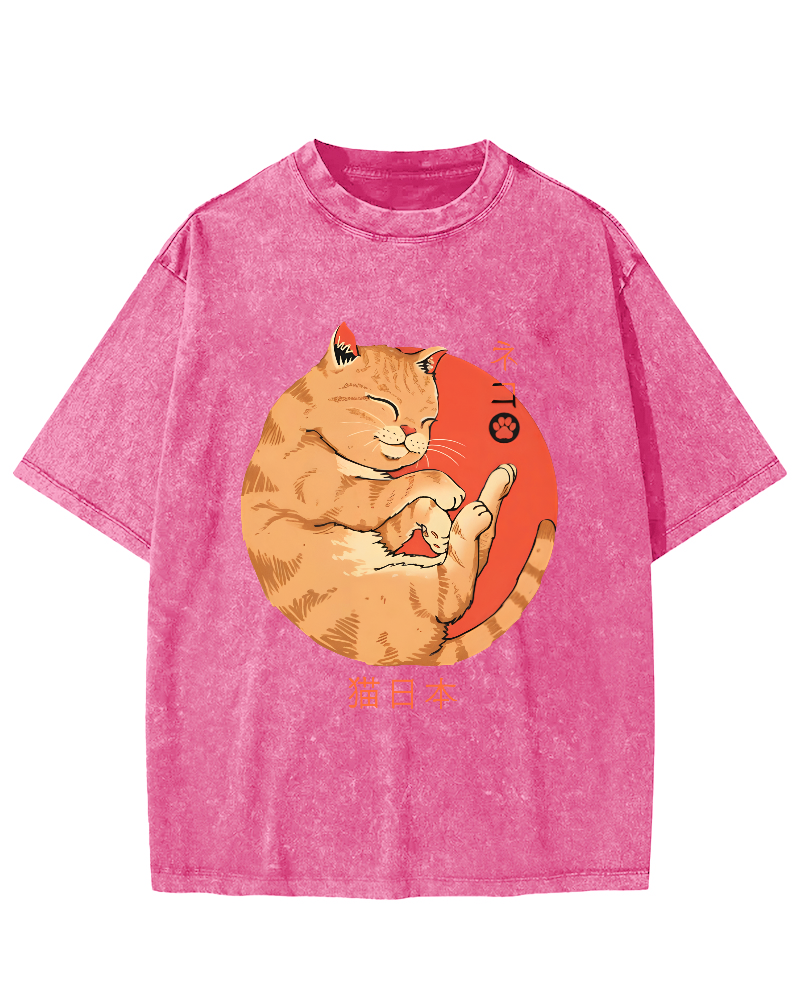 Lazy Japanese Cat Vintage Distressed T-shirt-Zazasy