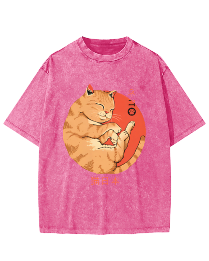 Lazy Japanese Cat Vintage Distressed T-shirt-Zazasy