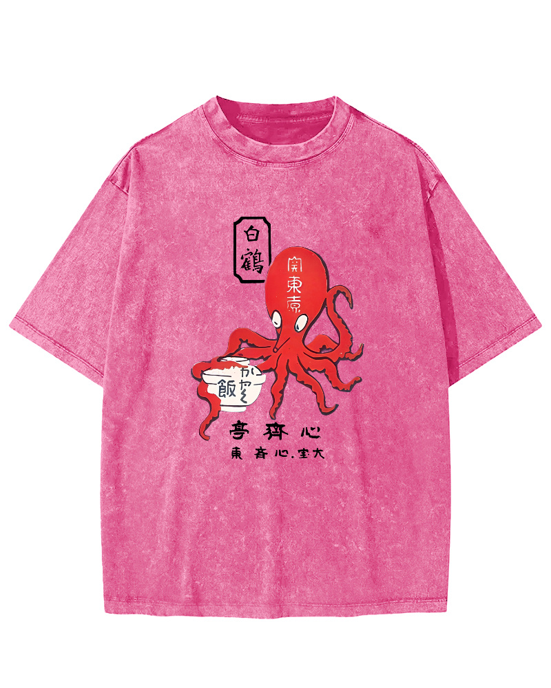 Japanese Script Octopus Pattern Vintage Distressed T-shirt-Zazasy
