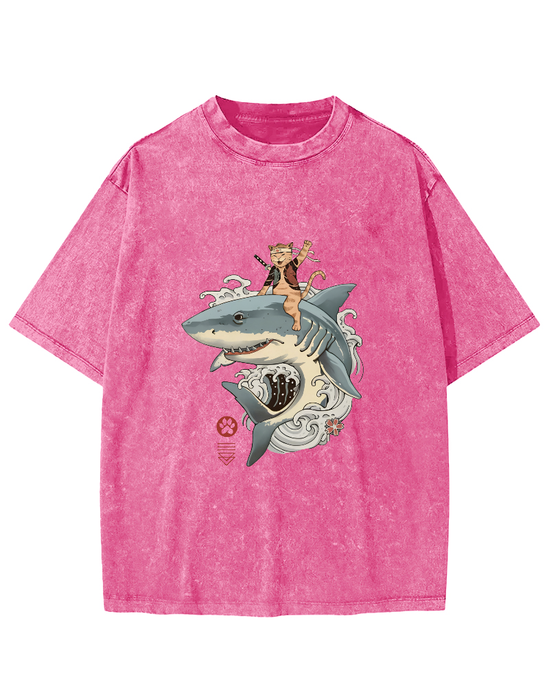 Shark Riding Cat Warrior Japanese Washed T-shirt-Zazasy
