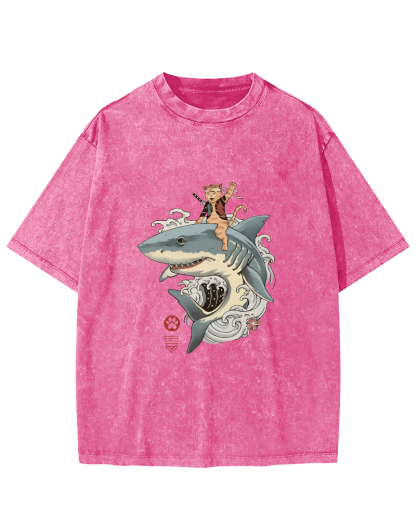 Shark Riding Cat Warrior Japanese Washed T-shirt-Zazasy