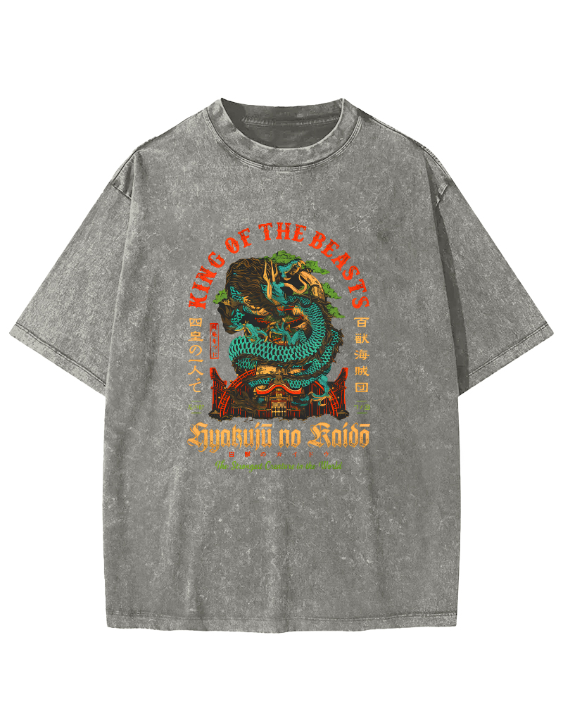 Japanese Mythological Dragon Pattern Vintage Distressed T-shirt-Zazasy