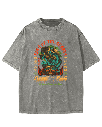 Japanese Mythological Dragon Pattern Vintage Distressed T-shirt-Zazasy