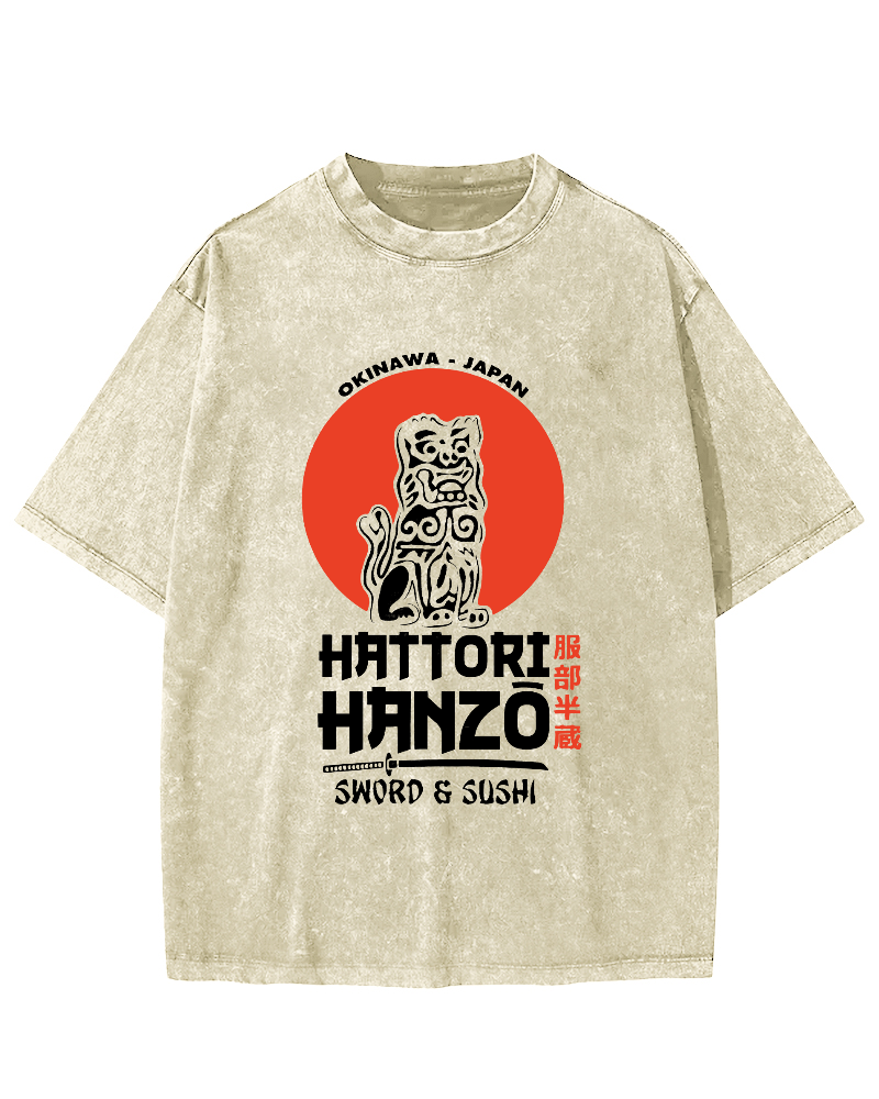 Japanese lion Pattern Vintage Distressed T-shirt-Zazasy