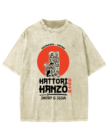 Japanese lion Pattern Vintage Distressed T-shirt-Zazasy