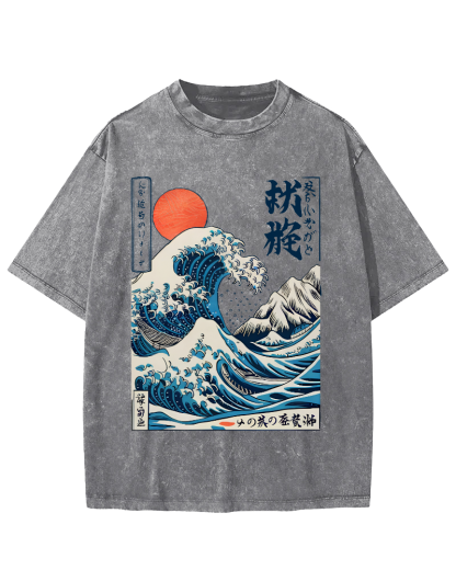 Ukiyo-e ocean Waves Vintage Washed T-shirt-Zazasy