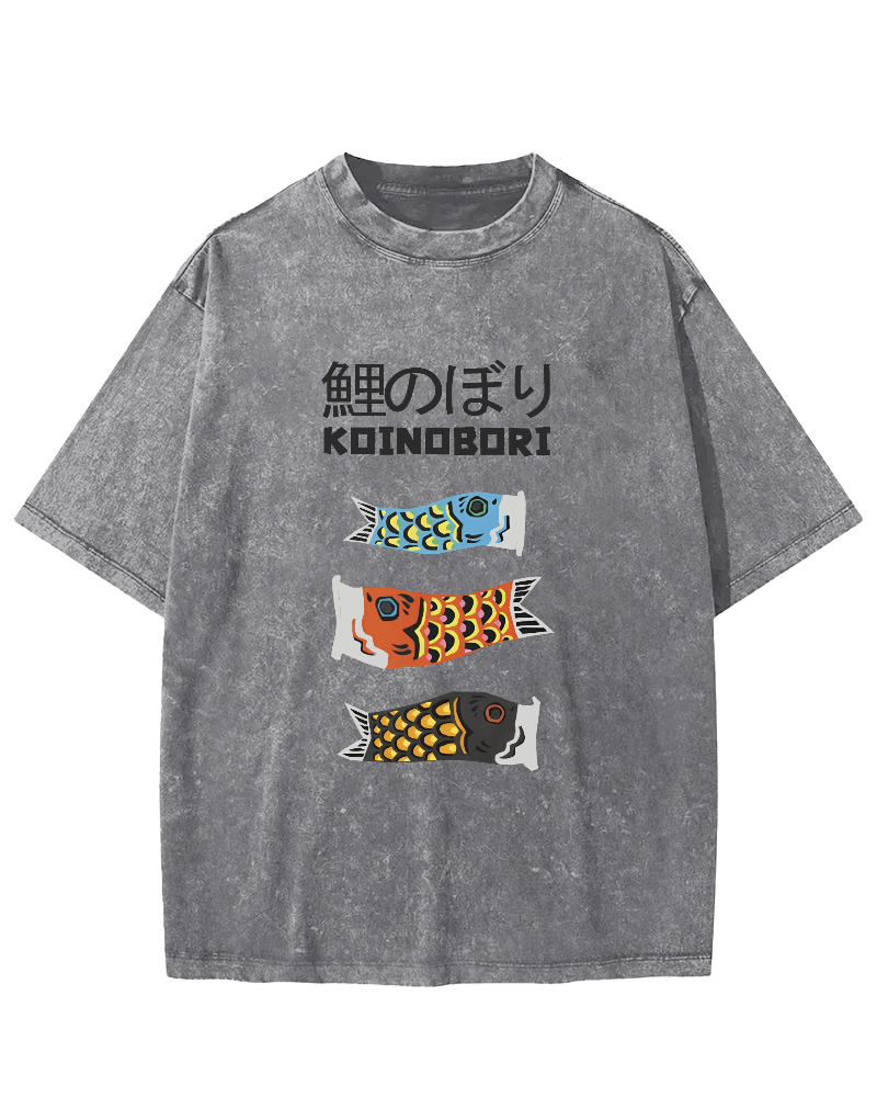 Cartoon Fish Painting Pattern Japanese Style Vintage Distressed T-shirt-Zazasy