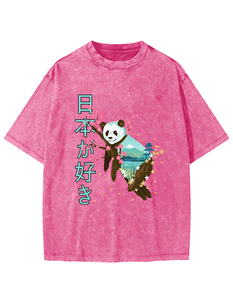 Cute Panda Japanese Style Vintage Washed T-shirt-Zazasy