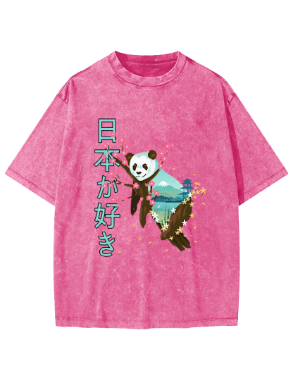 Cute Panda Japanese Style Vintage Washed T-shirt-Zazasy