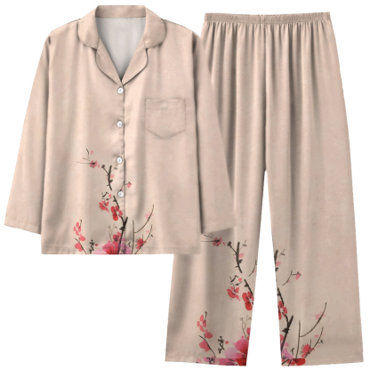 Japanese style minimalist plum blossom long sleeved shirt and pajama set