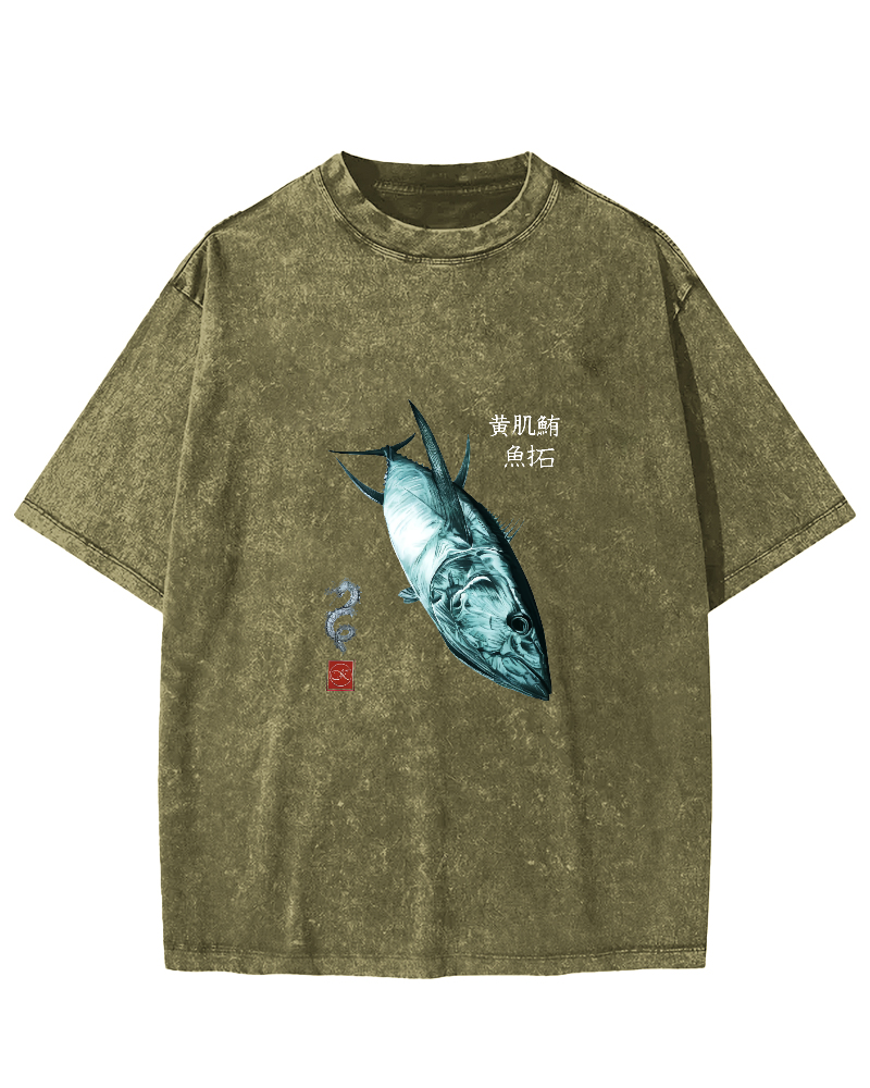 Japanese Tuna Pattern Vintage Distressed T-shirt-Zazasy