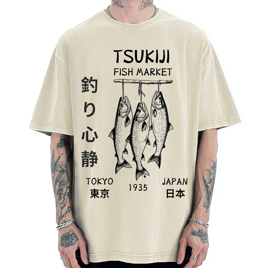 Tsukiji Fish Market Tokyo 1935 Vintage Washed T-shirt