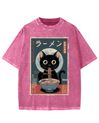 Black Cat Eating Ramen Vintage Washed T-shirt