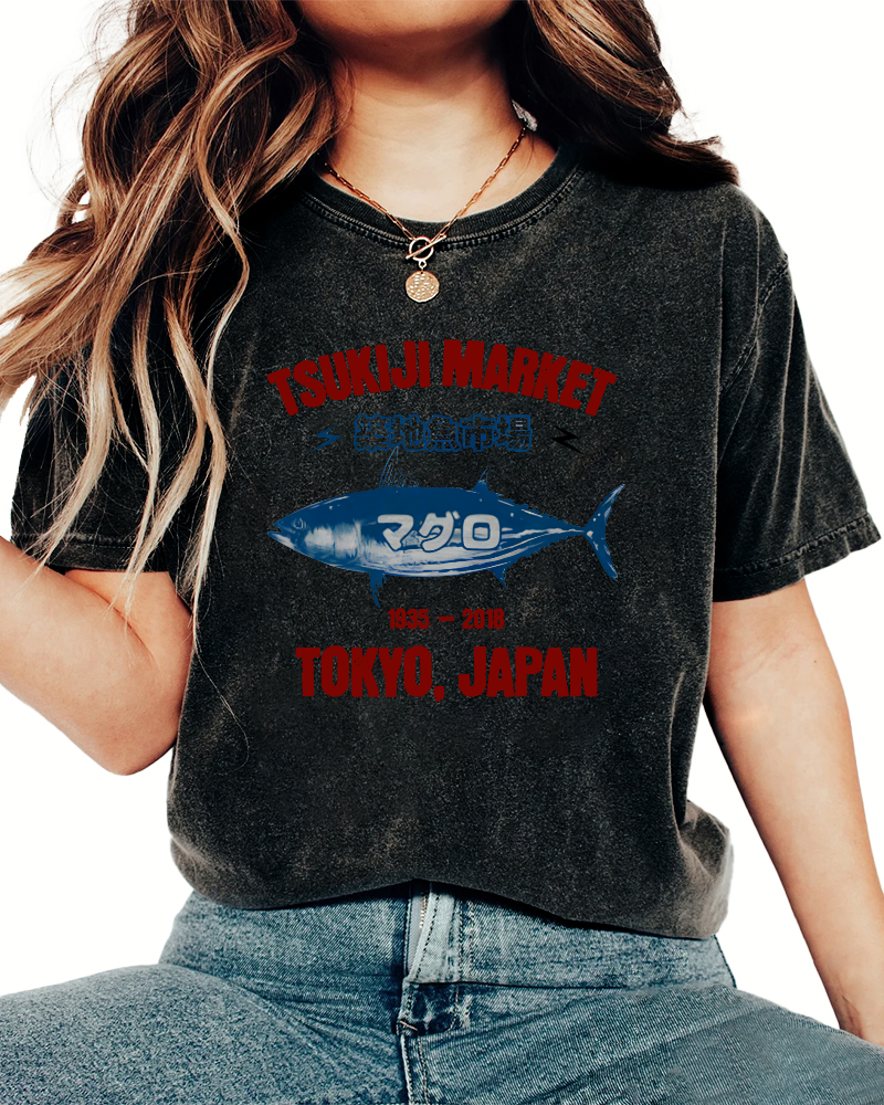 Japanese Tuna Pattern Vintage Distressed T-shirt-Zazasy