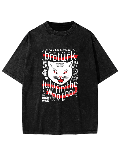 Japanese Character Cat Pattern Vintage Distressed T-shirt-Zazasy