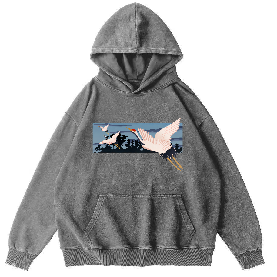 Idle Clouds, Wild Cranes, Japanese Style Vintage Washed Hoodie-Zazasy