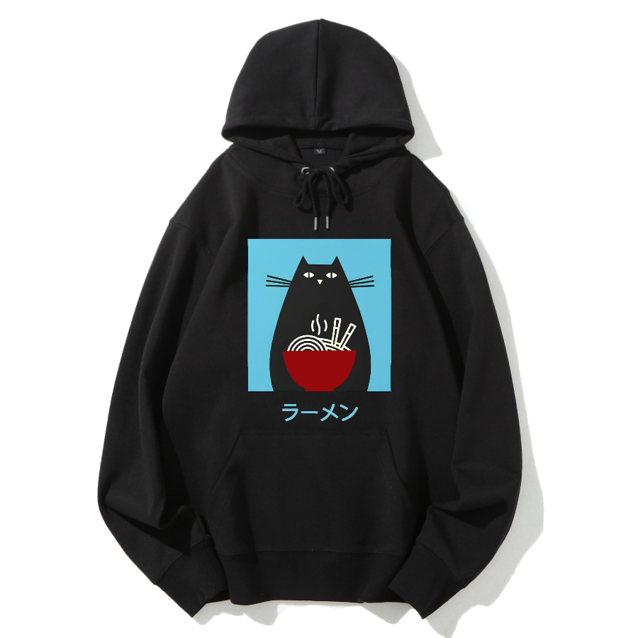 Black cat likes to eat Lamian Noodles Cotton Hoodie