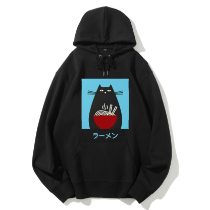Black cat likes to eat Lamian Noodles Cotton Hoodie